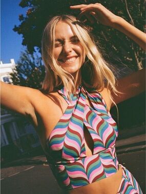 Zara Multicolor Wavy Striped Halter Crop Top — Pink, Blue, Green, Purple